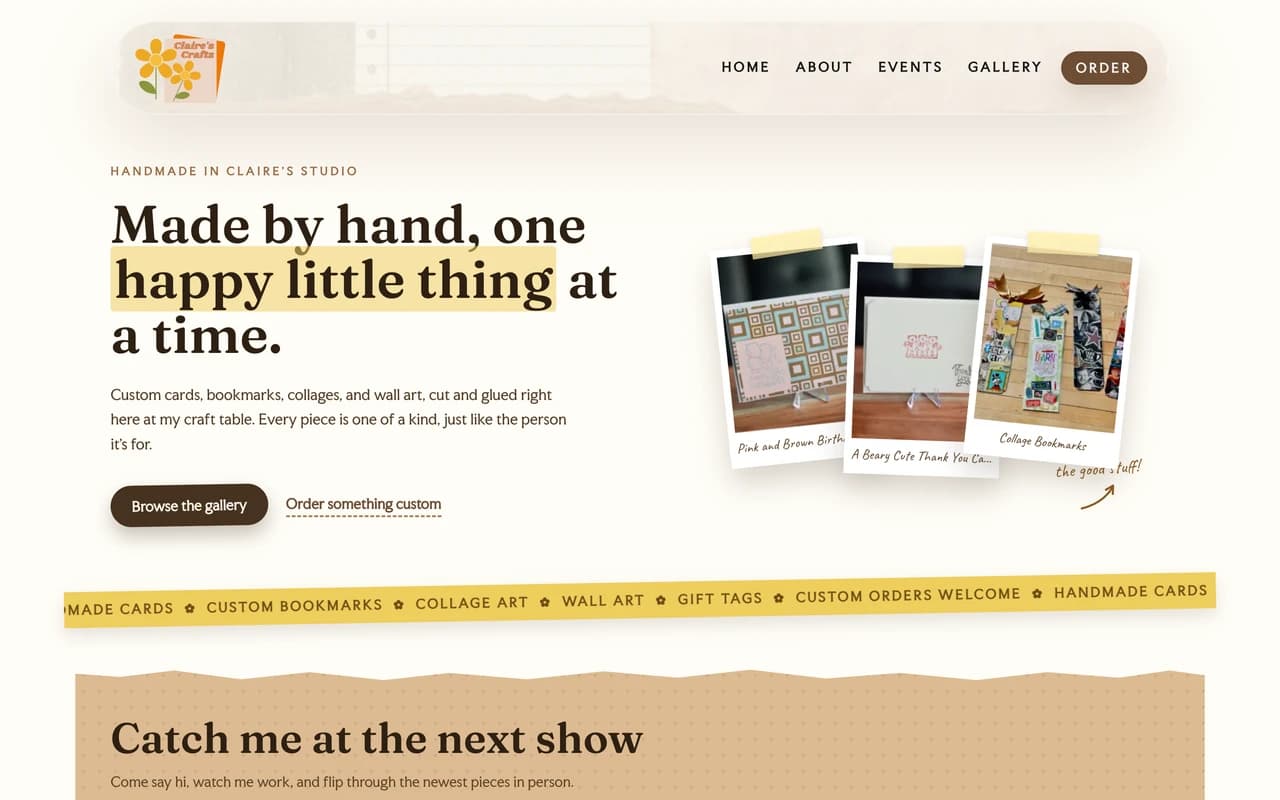 Claire's Custom Crafts website homepage