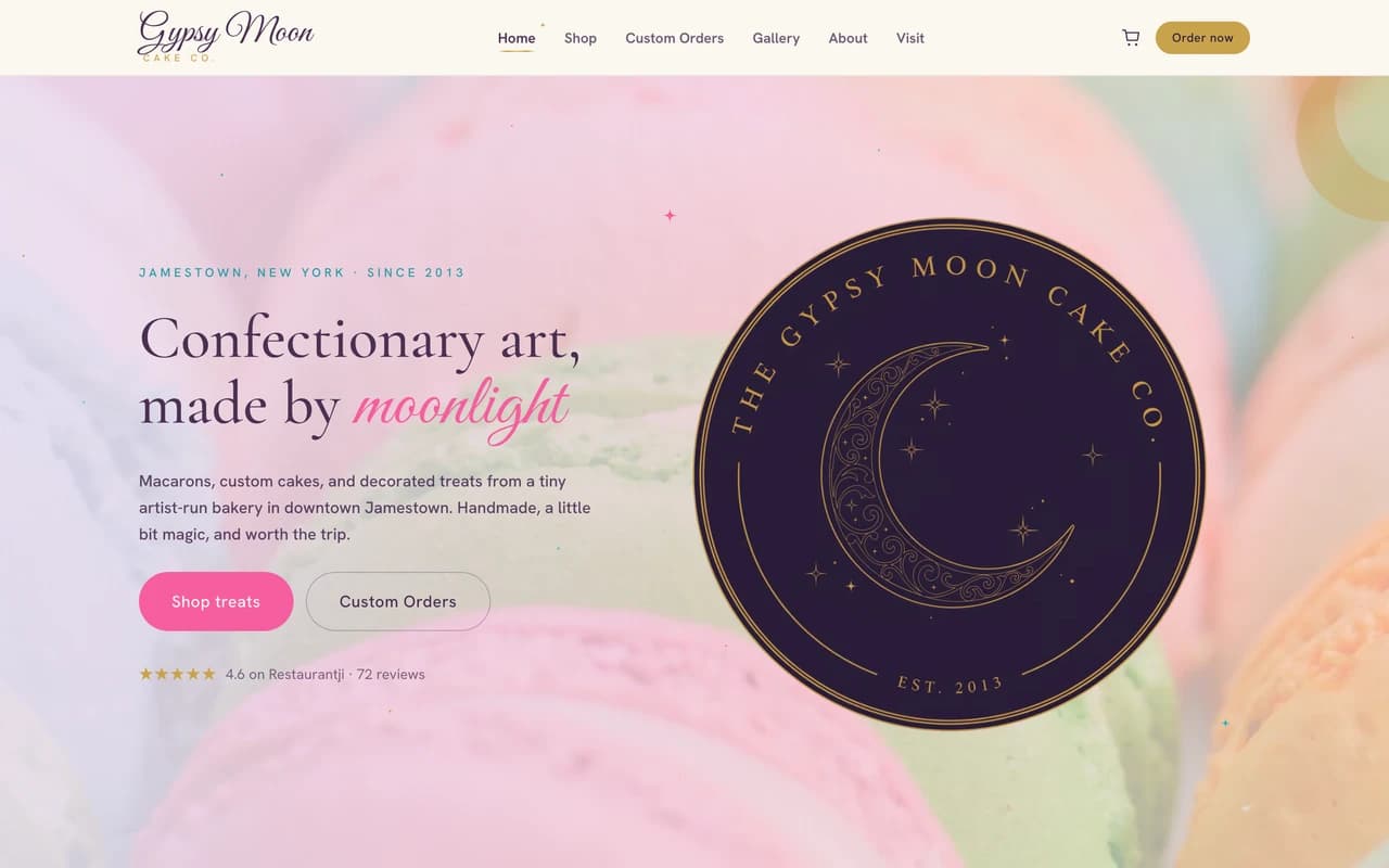 The Gypsy Moon Cake Co. website homepage