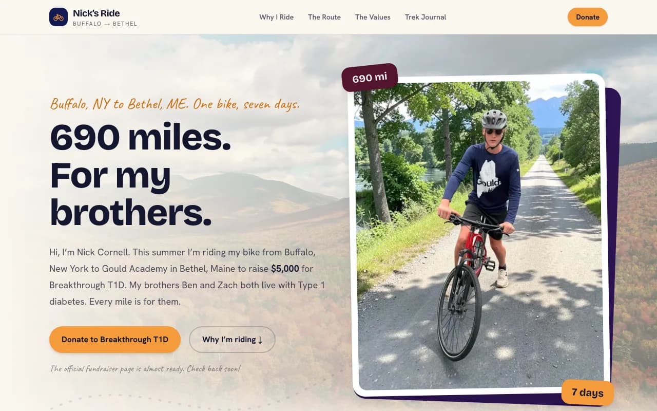 Nick's Ride fundraiser website homepage